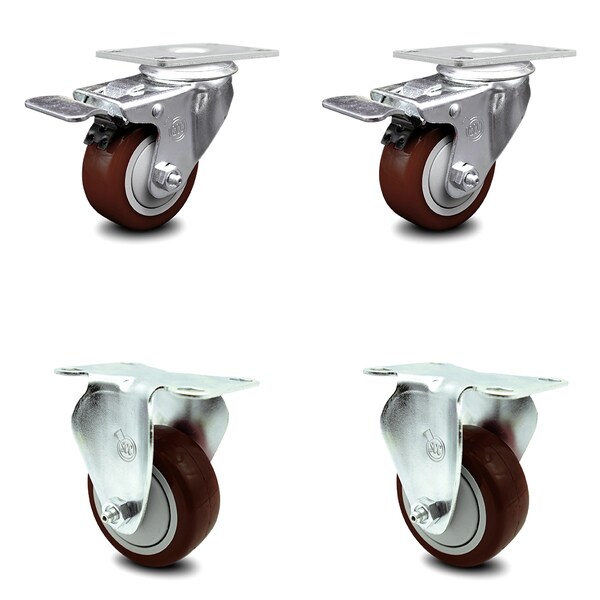 3.5 Inch Maroon Polyurethane Swivel Top Plate Caster Lock Brake 2 Rigid, 2PK